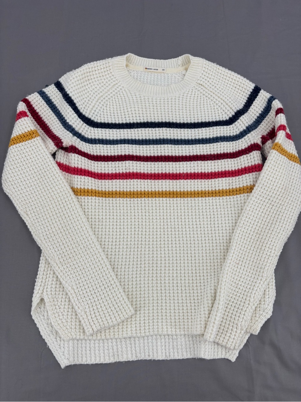 Marine Layer XS Striped Waffle Knit Crewneck Sweater Cream Multicolor Preppy 💛